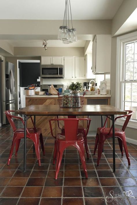 IKEA Industrial Meets Farmhouse Table Hack - Sypsie Designs Ikea Industrial, Industrial Farmhouse Table, Industrial Farmhouse Kitchen, Ikea Farmhouse, Farmhouse Entryway Table, Table Couch, Ektorp Sofa, Red Chairs, Farmhouse Style Furniture