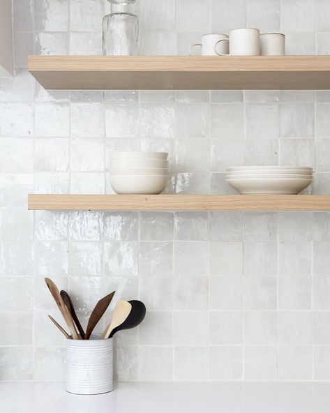 clean slate. free shipping during our holiday event on zellige. shown here in our weathered white 4x4. design:@anjamichalsdesign… Walnut Floating Shelves, Tile Layout, Cle Tile, Zellige Tile, Kitchen Splashback, Kitchen Tile, Square Tile, Kitchen Tiles Backsplash, Kitchen Tiles