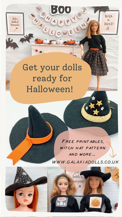 Images of Barbie dolls and Halloween decorations Barbie Outfit Patterns, Doll Hat Patterns Free Printables, Barbie Sewing Patterns Free Printable, Barbie Doll Hats Diy, Halloween Barbie Dolls Diy, Free Barbie Sewing Patterns, Barbie Clothes Patterns Free Printable, Witch Hat Tutorial, Barbie Scenes