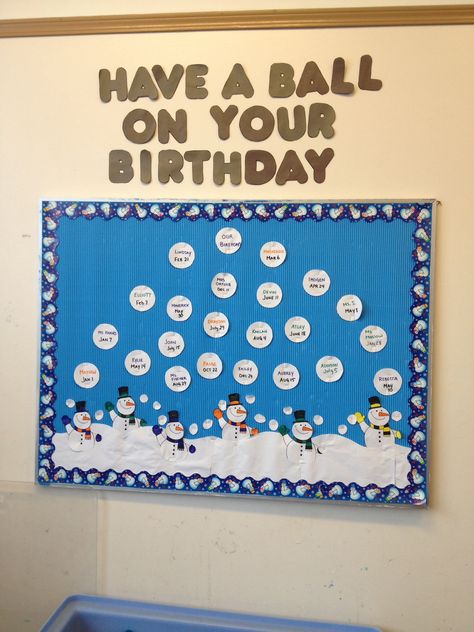 Winter birthday board. Have a ball on your birthday! Snowballs, snowmen, bulletin board Unique Bulletin Board Ideas, Preschool Birthday, November Bulletin Boards, Birthday Board Classroom, Thanksgiving Bulletin Boards, Board Classroom, Teacher Bulletin Boards, Birthday Bulletin Boards, Birthday Bulletin