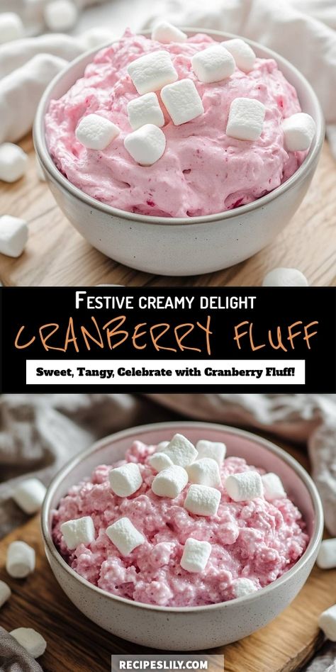 Join me in whipping up this delightfully creamy Cranberry Fluff! It's a perfect blend of sweet and tangy flavors, topped with fluffy marshmallows. Ideal for festive gatherings, this treat is sure to impress! Let’s celebrate with a dessert that’s as delightful to look at as it is to eat! Cranberry Mousse Recipe, Cranberry Fluff Recipe, Christmas Fluff, Cherry Fluff, Fluffy Marshmallows, Cranberry Fluff, Delicious Holiday Desserts, Canned Cranberries, Fluff Recipe