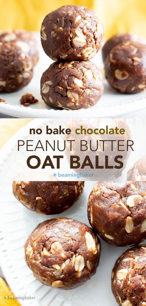 Chocolate Peanut Butter Oatmeal Balls: just 4 ingredients for the easiest chocolate peanut butter oatmeal balls made with healthy ingredients. No bake. #Chocolate #PeanutButter #Oatmeal #NoBake | Recipe at BeamingBaker.com Peanut Butter Chocolate Balls, Beaming Baker, Peanut Butter Oatmeal Balls, Chocolate Peanut Butter Oatmeal, Oat Balls, Chocolate Protein Balls, Oatmeal Balls, Peanut Butter Energy Balls, Oatmeal Bites