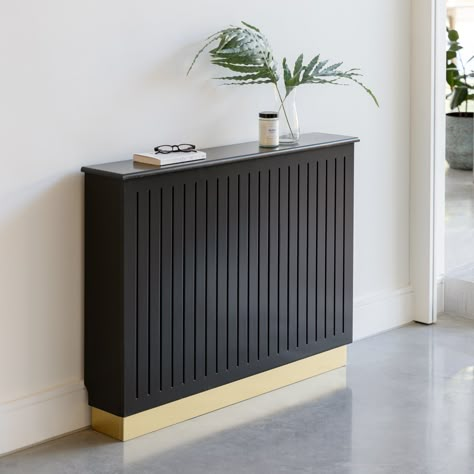 Black Hallway Ideas, Hallway Radiator, Small Radiator, Interior 2024, Best Radiators, Sage House, Vertical Slats, Laura James, Uk House