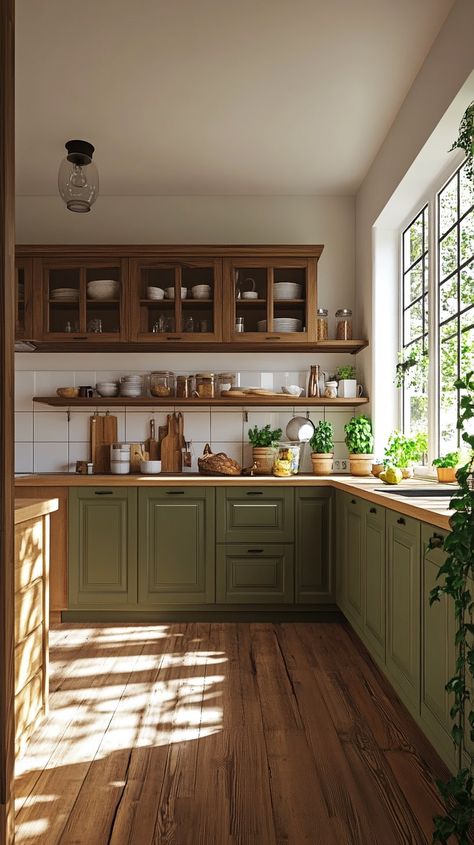 Farmhouse-style green kitchen with wood cabinets, white walls, open shelving, and natural materials, showcasing a Bottom Green Kitchen Cabinets, Kitchen Interior Green Cabinets, Green Tile Wood Kitchen, Olive Green Kitchen Cabinets Farmhouse, Green Wall Kitchen Wood Cabinets, Small Kitchen Remodel Green Cabinets, Stained Green Kitchen Cabinets, Wooden Cabinet Kitchen Ideas, Green And Wood Home Aesthetic