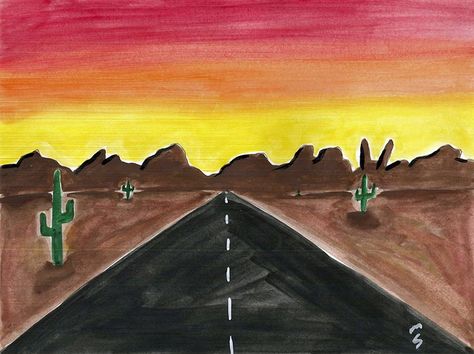 Desert Drawing Easy, Arizona Painting Easy, Easy Desert Watercolor, Desert Sunset Drawing, Desert Background Drawing, Sahara Desert Drawing, Desert Road Drawing, Highway Drawing Perspective, Desert Drawing