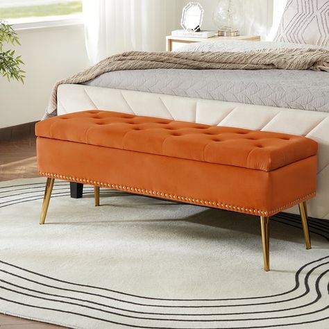 Neptunus Modern 45.5" W Velvet Bedroom Storage Bench for End of Bed with Nailhead Trim by HULALA HOME - On Sale - Bed Bath & Beyond - 36040717 End Of Bed Bench With Storage, Dining Room Orange, Footstool Storage, Bench For End Of Bed, Bedroom Storage Bench, Velvet Storage Ottoman, Upholstered Bench Bedroom, Velvet Bedroom, Store Blankets