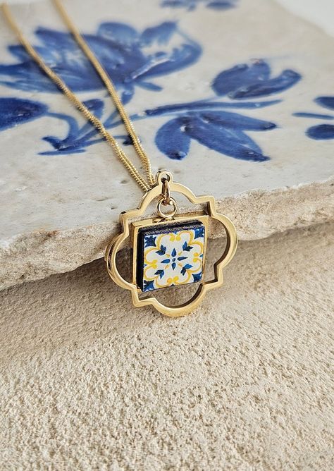 Portugal Tile Gold Necklace Arabian Persian Arabesque Gold - Etsy Curb Chain Necklace, Crazy About You, Shop Small Business, Pin Board, Arabesque, Curb Chain, Etsy Listing, Persian, Portugal