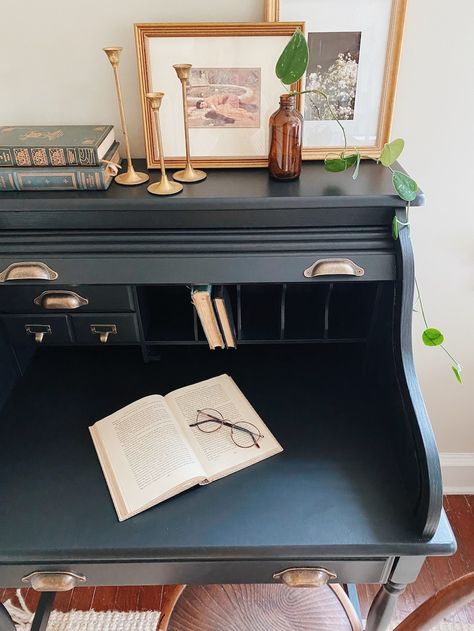 90’s Roll Top Secretary Desk Makeover - Josie Michelle Davis Small Roll Top Desk, Painted Secretary Desks, Secretary Desk Makeover, Sunroom Makeover, Farmhouse Style Coffee Table, Desk Makeover Diy, Distressed Wood Furniture, Boho Farmhouse Decor, Old Desks