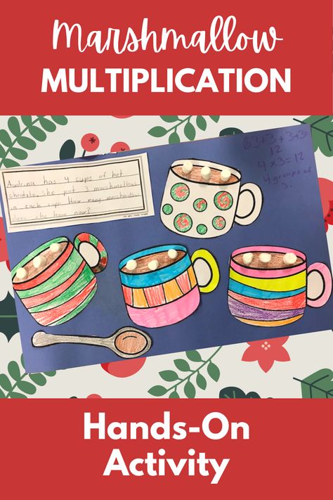 Practice skip counting and multiplication with your elementary students with this fun activity! Students will use equal groups to skip count and find the answer to multiplication problems with a hot cocoa theme. They can also create their own craftivity where they write and model a multiplication story problem! Great for third graders who need hands-on practice with multiplication. This resource also has task cards and story problems, all with the marshmallow and hot chocolate theme. Multiplication Equal Groups Activities, Multiplication Christmas Activities, Christmas Multiplication Activities, Multiplication Bulletin Board, Equal Groups Multiplication, Homeschool Units, Fall Homeschool, Christmas Multiplication, Holiday Math Activities