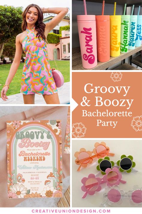 Dazed And Engaged Party Favors, Dazed And Engaged Outfit Ideas, Hipster Bachelorette Party, Dazed And Engaged Bachelorette Party Ideas, Groovy Theme Bachelorette Party, Groovy And Boozy Bachelorette Outfits, Bachellorette Games, Groovy Bachelorette Party Favors, Austin Powers Bachelorette Party