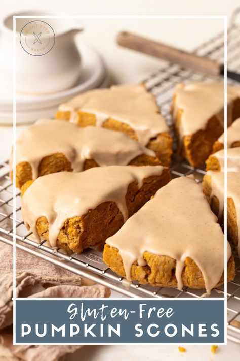 These gluten-free pumpkin scones are such a treat for breakfast in the fall! They’re soft, light and tender, with warm notes of pumpkin spice and a sweet maple glaze. These are also easy to make - the dough comes together in about 15 minutes - and like most homemade baked goods, they’re so much better than anything you can get from Starbucks! Pumpkin Ginger Scones, Gf Pumpkin Scones, Gf Scones Gluten Free, Gluten Free Pumpkin Scones, Market Cart, Pumpkin Scones Recipe, Homemade Baked Goods, Gluten Free Scones, Pumpkin Scones