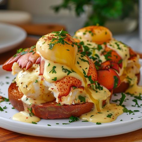 🦞 Treat yourself to Bay Lobster Eggs Benedict with Cajun Hollandaise for a decadent brunch! 🦞✨ #BrunchLovers #SeafoodRecipes Bay Lobster Eggs Benedict with Cajun Hollandaise Ingredients: Lobster tails, cooked and chopped (2) English muffins, split and toasted (2) Eggs (4) Butter (1/2 cup) Egg yolks (2) Lemon juice (1 tbsp) Cajun seasoning (1 tsp) Salt (1/2 tsp) Fresh parsley, chopped (for garnish) Instructions: In a saucepan, melt butter and whisk in egg yolks, lemon juice, and Cajun seas... Lobster Benedict Recipe, Lobster Eggs Benedict, Lobster Benedict, Lobster Eggs, Egg Yolk Recipes, Egg Benedict, Gourmet Breakfast, Appetizers Easy Finger Food, English Muffins