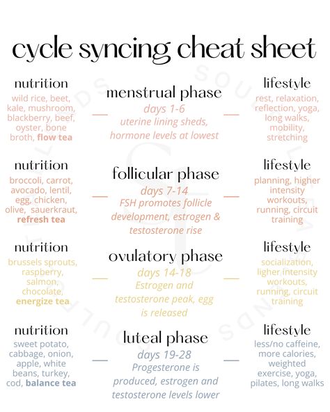 New to cycle syncing? 💫  We've got you covered 💞  Cycle syncing is an opportunity to understand the fluctuating nature of your cycle, and how to best support yourself during each phase 🌸  Some of the many benefits of cycle syncing include:  ✨ Your mood improves ✨ Your energy improves ✨ Your appetite and digestion get better ✨ Sleep quality goes up ✨ Your desire to socialize and get out there in the world increases  Click to get our free, printable cycle syncing food chart! Regulate Cycle Naturally, How To Sync Your Cycle, Four Stages Of Menstrual Cycle, Different Cycle Phases, Foods To Support Menstrual Cycle, Cycle Syncing Chart, Menstrual Cycle Explained, Menstrual Cycle Food Chart, Womans Cycle Chart