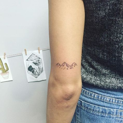 Watercolor Mountains Tattoo, Above Elbow Tattoo, Small Mountain Tattoo, Berg Tattoo, Mountain Tattoos, Mountain Range Tattoo, Mountain Tattoo Simple, Mountain Tattoo Design, Elbow Tattoo