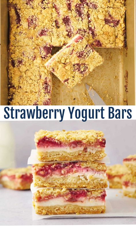 Strawberry yogurt crumb bars bring together fresh berries with a creamy yogurt layer all nestled between buttery crumbs. They are a magical way to celebrate spring sweetness. Yogurt Oatmeal Bars, Baking With Vanilla Yogurt, Yoghurt Cereal Bars, Things To Make With Strawberry Yogurt, Leftover Plain Yogurt Recipes, Strawberry And Yogurt Recipes, Dessert Recipes With Yogurt, Yasso Greek Yogurt Bars Copycat, What To Make With Yogurt