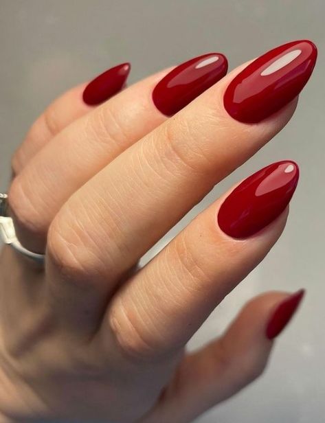 Round Nails Red, Red Solid Nails, Boston University Red Nails, Brick Red Nails, Oval Nails Red, Red Nails Classy, Solid Red Nails, Almond Red Nails, Ruby Red Nails