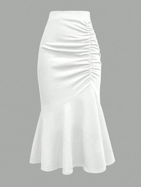 Women's High Waisted Solid Color Pleated Fish Tail Hem Elegant Skirt White Elegant   Knitted Fabric Plain Mermaid Medium Stretch  Women Clothing, size features are:Bust: ,Length: ,Sleeve Length: Mermaid Skirts, Elegant White Skirt With Folds, Elegant White Stretch Skirt, White Fitted Asymmetrical Skirt, Luxury White Lined Draped Skirt, Luxury Stretch White Skirt, Casual Blouse Designs, Fairy Hair, Fishtail Skirt