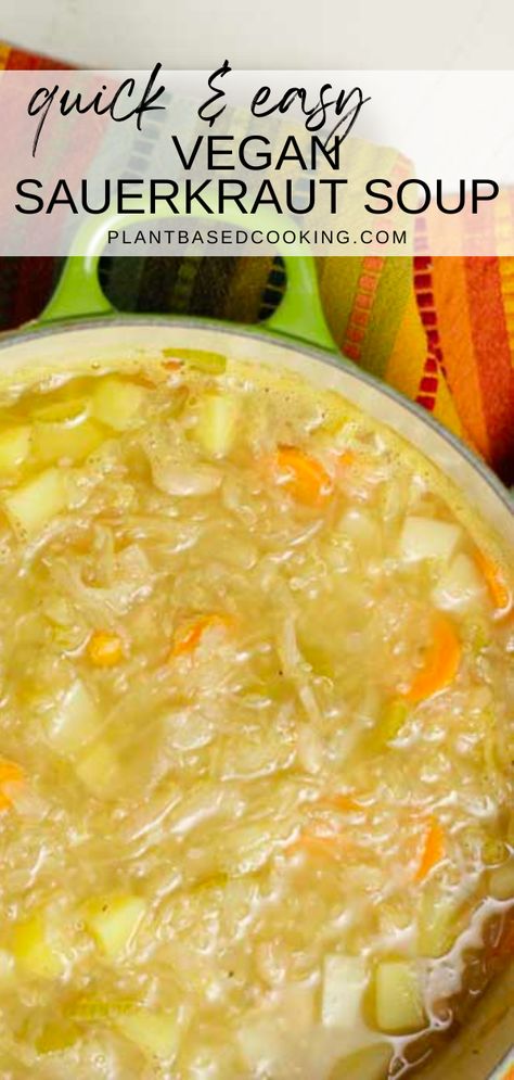 This delicious vegan sauerkraut soup is packed with natural probiotics and a wide range of nutrients to help supercharge your immune system. Made from simple ingredients you likely have in your pantry, you can use any store-bought sauerkraut you prefer to add a tangy kick to your soup. This easy-to-make recipe is perfect for those busy weeknights or anytime you want a quick and healthy meal that will leave you feeling satisfied. Vegan Sauerkraut Soup, Vegan Sauerkraut Recipes, Sauerkraut Soup Recipes, Recipes With Sauerkraut, Best Junk Food, Sauerkraut Soup, Low Calorie Vegetables, Plant Based Soups, Sauerkraut Recipes