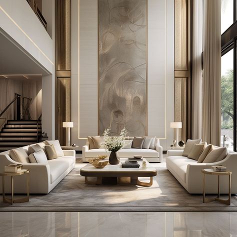 Emphasizing large space, the living room appears even grander with its modern furnishings. Contemporary Majlis Design, Luxury Minimalist Interior, High Ceiling Living Room Modern, Luxury Contemporary Interior Design, Luxury Artwork, Living Room Designs Modern, Double Height Living Room, High Ceiling Living Room, Modern Luxury Interior