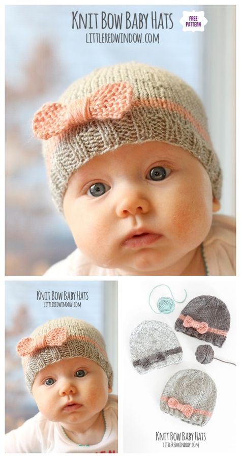 Knit Bow Baby Hat Free Knitting Pattern Baby Hat Free Knitting Pattern, Knitting Patterns Free Baby, Baby Hat With Bow, Baby Hats Pattern, Baby Hats Knitting Free, Hat Free Knitting Pattern, Baby Hat Knitting Patterns Free, Baby Hat Free Pattern, Knitted Baby Beanies