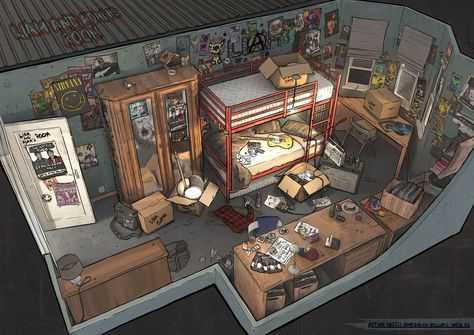 FZD - Teenager Bedroom, Arthur Haefeli on ArtStation at https://www.artstation.com/artwork/L3Ro9A Isometric Environment, Feng Zhu Design, Feng Zhu, Teenager Bedroom, Bedroom Illustration, Secret Base, Drawing Things, Set Dressing, Bg Design