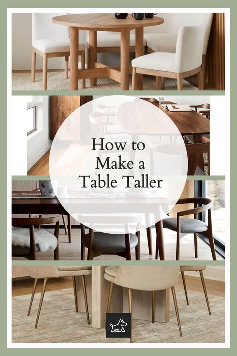 Explore the idea of adding a thick tabletop overlay. This pin suggests placing a new, thicker top on the existing table surface, which can add height and also give the table a fresh, updated appearance. Adding Height To Table, Table Leg Extenders, Diy Table Legs, Furniture Risers, Space Saving Hacks, Maximalist Interior, Table Surface, Make A Table, Interior Design Boards