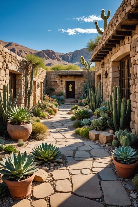 Southwestern Courtyard Ideas, Southwest Front Yard Landscaping, Desert Style Landscaping, Cactus Landscaping Front Yards, Southwest Landscape Ideas, Arizona Front Yard Landscaping, Boulder Landscaping Ideas, Desert Front Yard, Modern Desert Landscaping