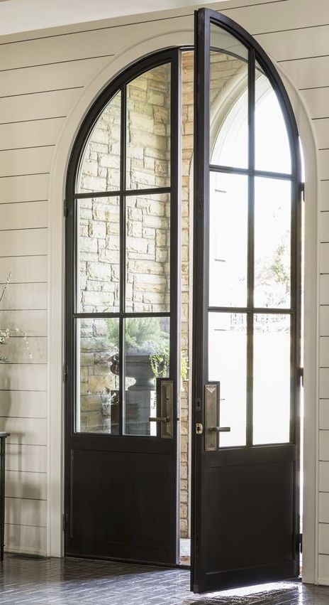 Black Arched French Doors, Black Iron French Doors, Arched Metal Doors, Arch French Doors Exterior, Oval Glass Door, Arched French Doors Exterior, Arched French Doors Exterior Entrance, Black Arched Front Door, Arched Entry Door