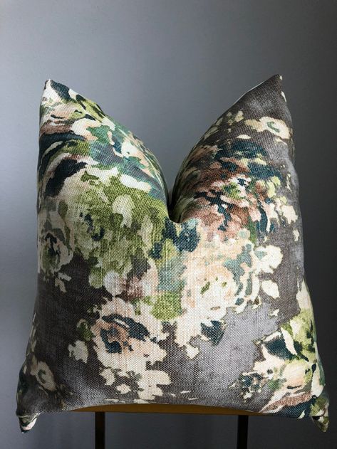 Greige Floral With Greens and Blues Pillow Cover - Etsy Green Pillows Living Room, Hot Pink Throw Pillows, Green Couch, Velvet Couch, Pink Throws, Pink Throw Pillows, Blue Pillow Covers, Green Sofa, Floral Pillow Cover