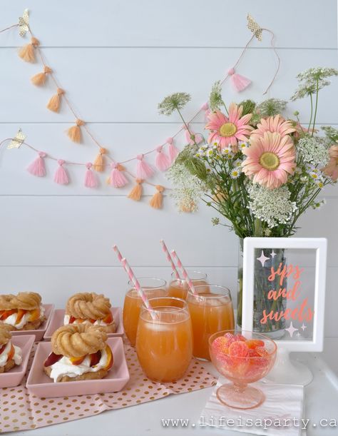 Peach Party: easy DIY peach themed party decor made with the Cricut Joy, delicous peach dessert and peach drink recipes included. Peaches And Cream Party, A Sweet Little Peach Is On The Way, Sweet Peach Baby Shower Theme, Sweet As A Peach Baby Shower Ideas, Peach Themed Baby Shower Ideas, Peach Drink Recipes, Peach Table Decor, Peach Party Theme, Peach Bachelorette Party