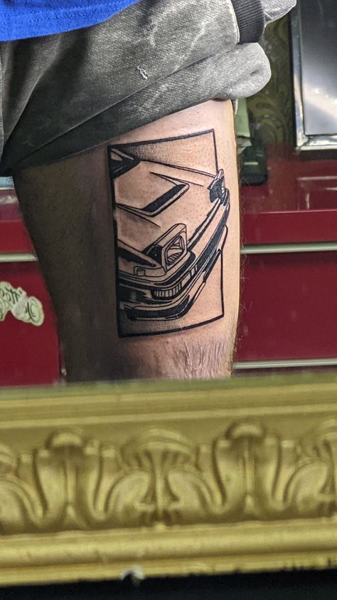 Toyota Tattoo Ideas, Car Art Tattoo, R34 Tattoo Ideas, Drift Car Tattoo, Ae86 Tattoo, Car Theme Tattoos, Jdm Car Tattoo Ideas, Car Guy Tattoos For Men, Hiphop Tattoo Ideas