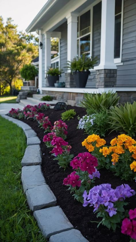 Discover stunning Flower Beds in Front of House Rock Fall Raised Ideas Low Maintenance DIY Stone Full Sun Rocks Easy Perennial Rustic White Rock Get inspired with beautiful and easy-to-maintain landscaping ideas Perfect for a rustic and charming look Flower Beds In Front Of House Full Sun, Walkway Flower Bed Ideas, Flower Bed Ideas In Front Of House, Farmhouse Flower Bed, Flower Beds In Front Of House, Flower Bed Designs Layout, Easy Flower Bed Ideas, Front Flower Bed Ideas, Front Of House Flower Beds