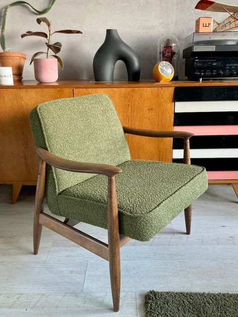 Compact Chair, Green Armchair, Green Sofa, Boucle Fabric, Wood Shades, Mid Century Chair, Armchair Vintage, Upholstered Arm Chair, Upcycled Furniture