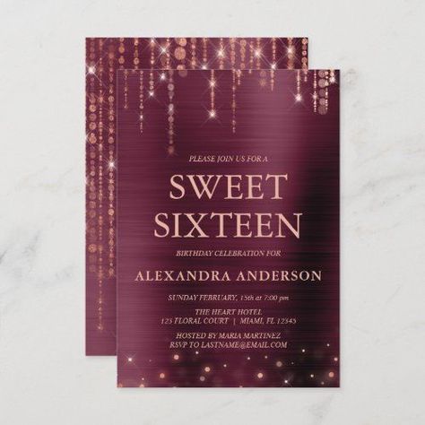 $2.06 | Burgundy and Rose Gold Sweet Sixteen Birthday #marsala, burgundy, maroon, rose gold, sparkle, string light, sweet 16, sweet sixteen, 16th, birthday Birthday Celebration Invitation, Sparkle Birthday Party, Rose Gold Quinceanera, Sweet Sixteen Birthday Invitations, 70 Birthday, Modern Birthday Party, Rose Gold Bridal Shower, Gold Bachelorette, Sparkle Birthday