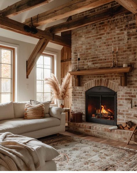 Farm Cabin Interior, Modern Farmhouse Living Room Fireplaces, Brick In Living Room, Cottagecore Mantle, Farm House Lounge, Cozy Living Rooms With Fireplace, Farm Style Living Room, Rustic Farmhouse Living Room Furniture, Living Room Brick Fireplace