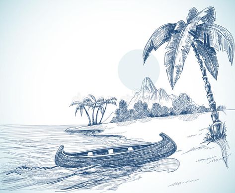 Beach sketch. With boat on shore, palm trees and volcano in background #Sponsored , #sponsored, #Ad, #sketch, #shore, #volcano, #boat Palm Tree Sketch, Beach Sketch, Beach Sketches, Beach Drawing, Boat Drawing, Mermaid Drawings, Image Nature, Flower Art Painting, Photo Images