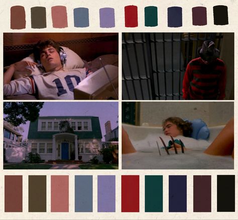 Muted neutral winter color palette for the eighties Wes Craven horror movie A Nightmare on Elm Street #80s #horrorfilms #horror #freddykrueger #color #colour #winter #colorpallete #cinematography Horror Movies Color Palette, Horror Movie Color Palette, Horror Color Palette, Moodboard Poster, 80s Color Palette, Movie Color Palette, Wes Craven, Dark Color Palette, Halloween Color