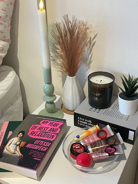 Bedside Table Books Aesthetic, Bed Table Ideas Night Stands, Bedside Table Tour, Book On Table Aesthetic, Bedside Table With Books, Night Table Ideas Aesthetic, Bedroom Mirror Inspiration, Side Tables Bedroom Decor Aesthetic, Cluttered Nightstand Aesthetic