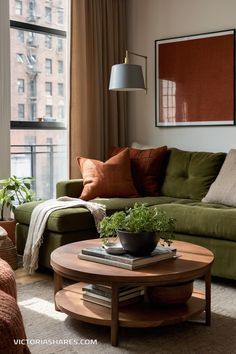 Green Gray Rust Living Room, Green Grey And Rust Living Room, Living Room Sage Accents, Earth Color Home Interior, Soft Green Curtains, Caramel And Green Living Room, Rust Green Living Room, Forest Green And Terracotta Living Room, Earthy Colours Living Room