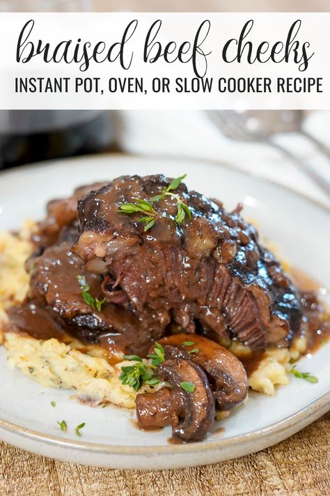 Instant Pot Beef Cheeks Recipe, Beef Cheek Instant Pot, Instant Pot Beef Cheeks, Slow Cooker Beef Cheeks, Beef Cheeks Recipe Oven, Slow Cook Oven Recipes, Braised Beef Cheeks Recipe, Cheek Meat Recipes, Beef Cheeks Recipe Slow Cooker