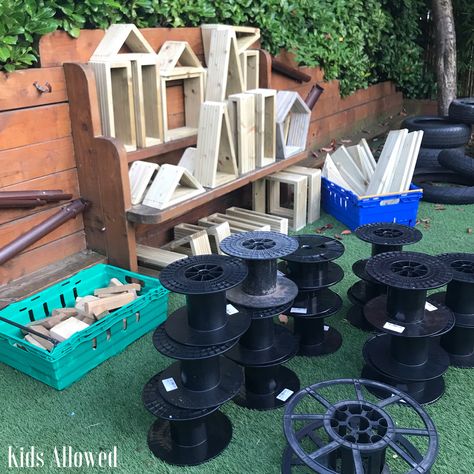 Loose Parts Play Outdoor Storage Ideas, Outdoor Role Play Areas Eyfs, Outdoor Classroom Design Learning Spaces, Reggio Outdoor Play Spaces, Opal Playground, Outdoor Learning Spaces Schools, Outdoor Eyfs Area, Eyfs Garden Ideas Outdoor Areas, Outdoor Construction Area Eyfs