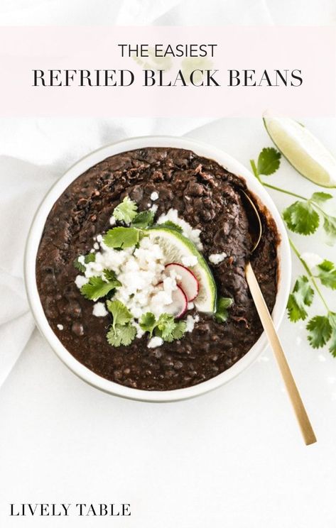 Easy refried black beans made in under 15 minutes with canned beans, are a weeknight staple to go with all of your Mexican food favorites! (#vegan, #glutenfree, #nutfree) #blackbeans #beans #weeknightmeals #sidedish #Mexicanfood #easy #recipes #healthy Refried Black Beans Recipe, Refries Black Beans Recipe, Refried Black Beans, Black Beans Recipe, Refried Beans Recipe, Black Bean Recipes, Gluten Free Sides Dishes, Delicious Gluten Free Recipes, Mexican Cooking