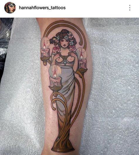 Tattoos Dragonfly, Hannah Flowers, Neo Traditional Tattoos, Art Deco Tattoo, Art Nouveau Tattoo, Neo Tattoo, Nouveau Tattoo, Mucha Art, Traditional Ink