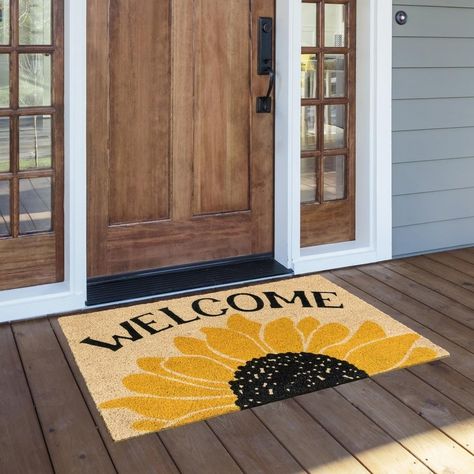 Sunflower Porch Decor, Coconut Machine, Admin Gifts, Mat Ideas, Deck Decor, Entry Ideas, Outdoor Door, Fall Mantel, Sunflower Art