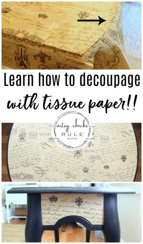 Decoupage Dining Table Top, Modge Podge Furniture With Paper, Decoupage Tissue Paper On Wood, Tissue Paper Transfer To Wood, Decopage Furniture With Tissue Paper, Tissue Paper Transfer Art, Tissue Paper Decoupage Diy, Crafting With Tissue Paper, Mod Podge Tissue Paper On Wood