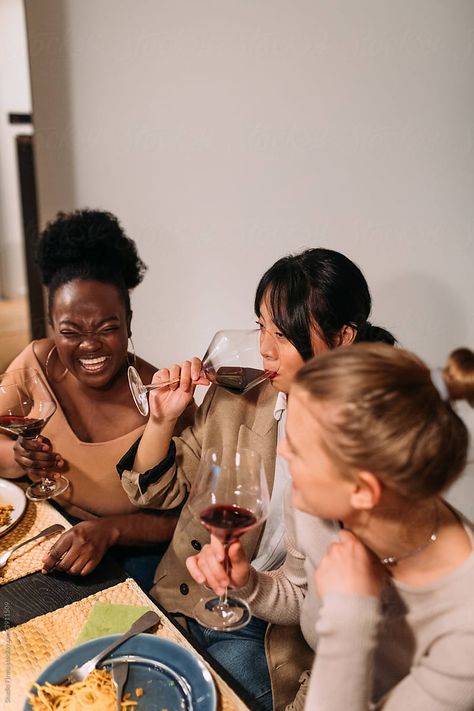 "Girlfriends Drinking Wine" by Stocksy Contributor "Studio Firma" - Stocksy Black Woman Drinking Tea, Party Group Pictures, People Drinking Wine, Friends Drinking Wine, Dinner With Girlfriends, Drinking Wine Photography, Mom Drinks, Book Vibe, Women Drinking Wine