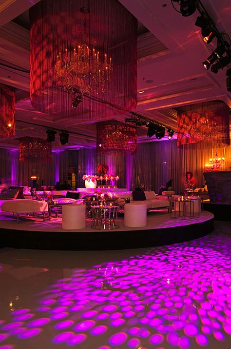 The vibrant circular patterns of pink gobo lights create patterns of countless O's along the dance floor. Pink Dance Party, Reception Lights, Table Dance, Party Floor, Pink Decorations, Party Lounge, Pink Club, Colin Cowie, Plant Styling