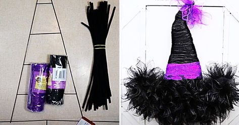 Halloween Witch Hat Wreath Diy, Witch Hat Wreath Tutorial, Witch Hat Wreath Diy, Dollar Tree Witch Hat Wreath, Dollar Tree Witch Hat, Halloween Witch Hat Wreath, Diy Halloween Witch, Witch Hat Wreath, Dollar Tree Halloween Decor