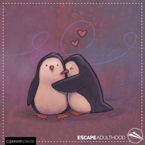 Penguin Hug by Jason Kotecki. 17/100 of #ArtYear2016 #TinkerProject #penguins #art Cute Penguin Cartoon, Penguin Hug, Hugging Drawing, Penguin Wallpaper, Hug Illustration, Homemade Christmas Crafts, Penguin Cartoon, Penguin Tattoo, Animal Hugs