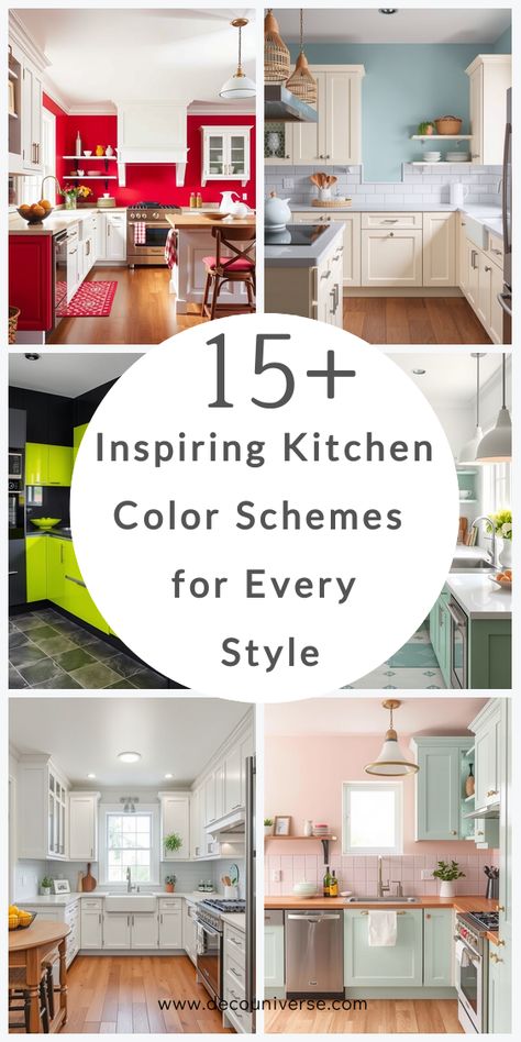 Discover 18 stunning kitchen color schemes to transform your cooking space into a stylish haven Pastel Colors Kitchen, Red Yellow White Color Palette, Colors To Paint Kitchen Walls, Kitchen Paint Color Schemes, Paint Ideas For Kitchen Walls, Add Color To White Kitchen, Small Kitchen Colour Schemes, Wall Colors Kitchen, Small Kitchen Paint Ideas